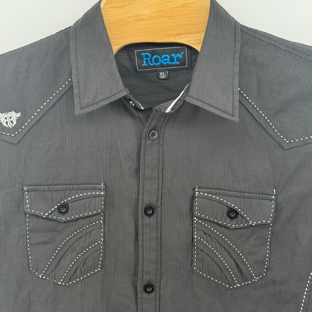 Roar Mens Long Sleeve Button Down Shirt Black Pinstripe Western‎ Style XL